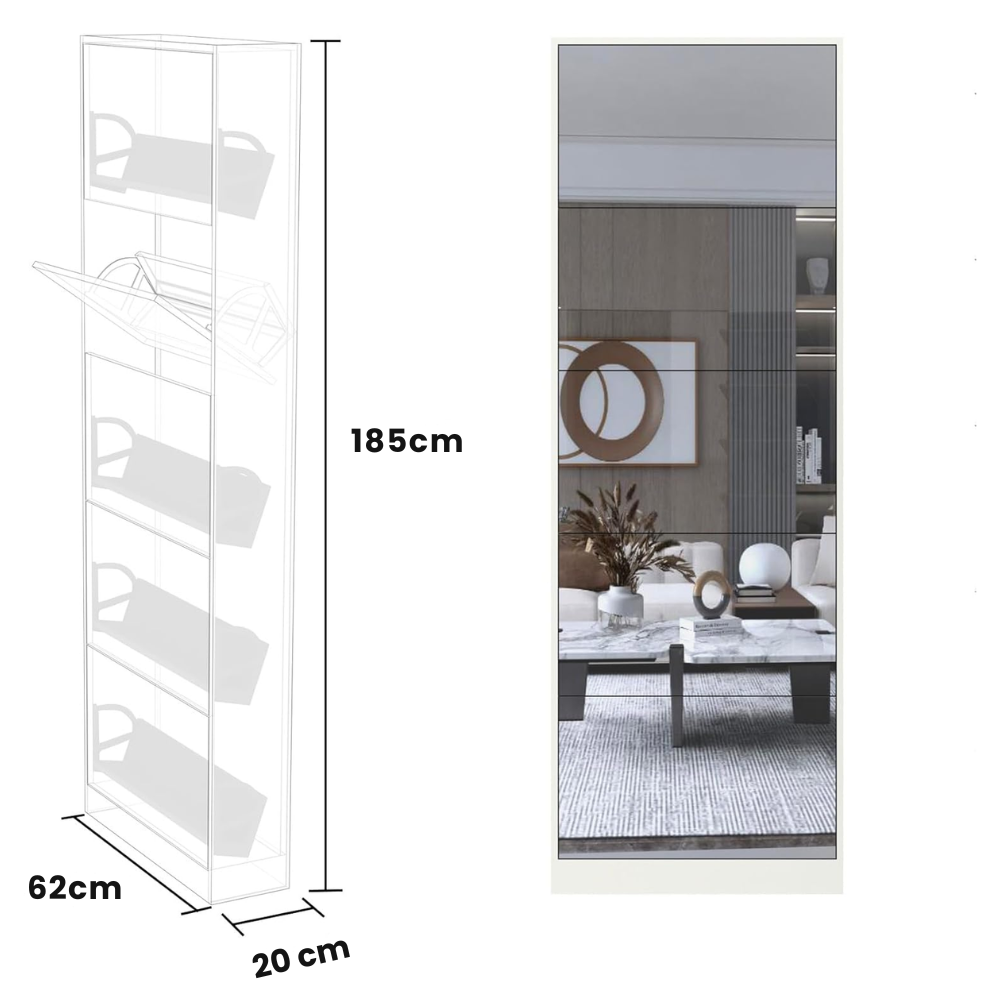 Sapateira com Espelho de Corpo Inteiro e 5 Gavetas Basculantes - SLEEKFLIP™